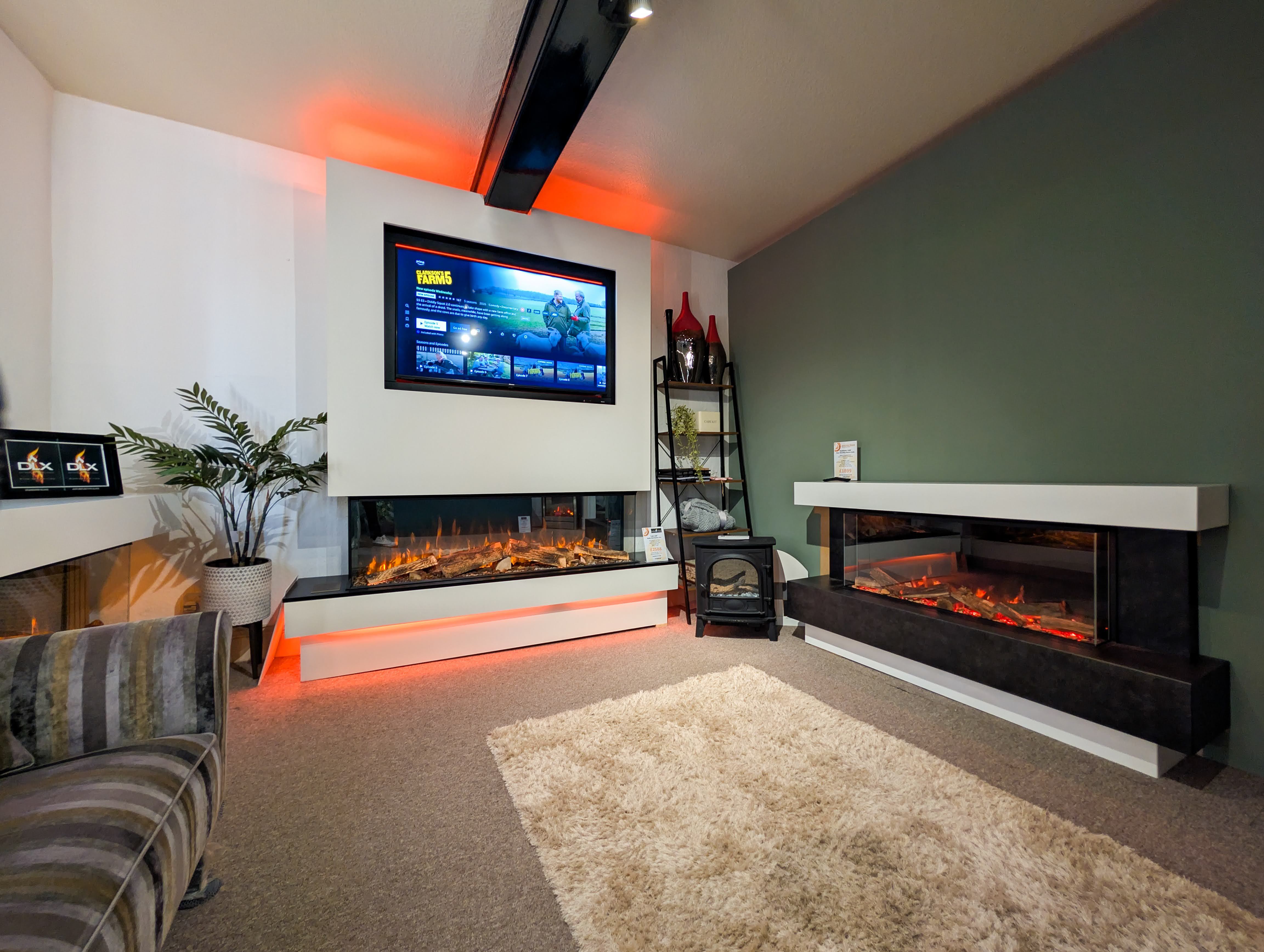 Media wall and electric fire display in our showroom